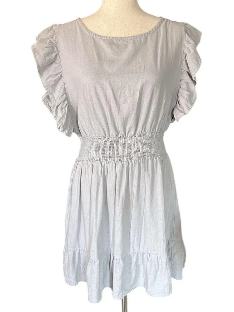 Nicole Miller Gray Linen Flutter Sleeve Mini Dress - Image 8