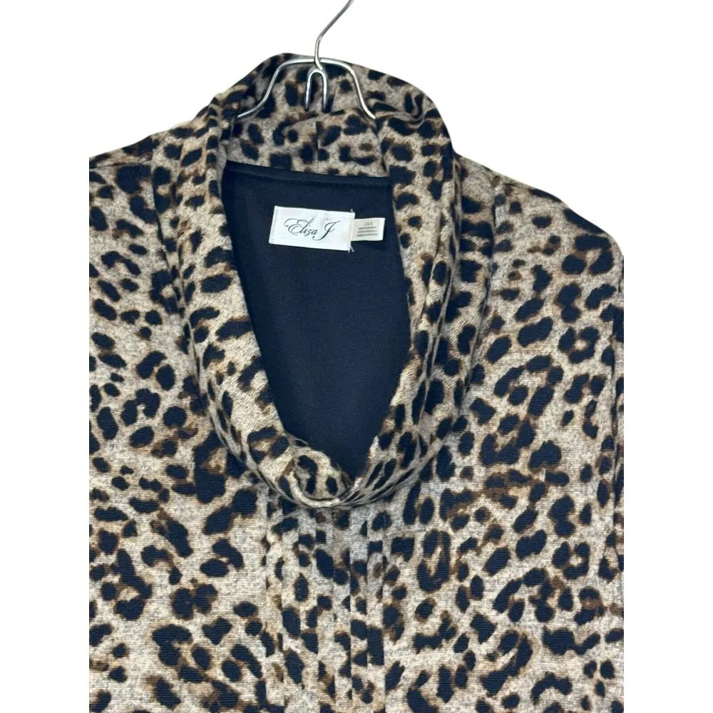 Eliza J Women's Dress Leopard‎ Print Cowlneck Pleated Mini Puff Sleeve Large NWT - Image 4