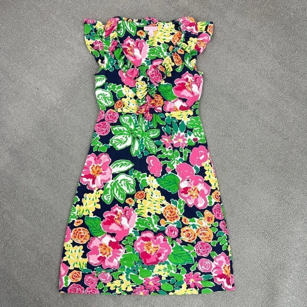 Lilly Pulitzer Clare Floral Ruff Trim Silk Jersey Knit Dress XS Gateway Garden - Image 15