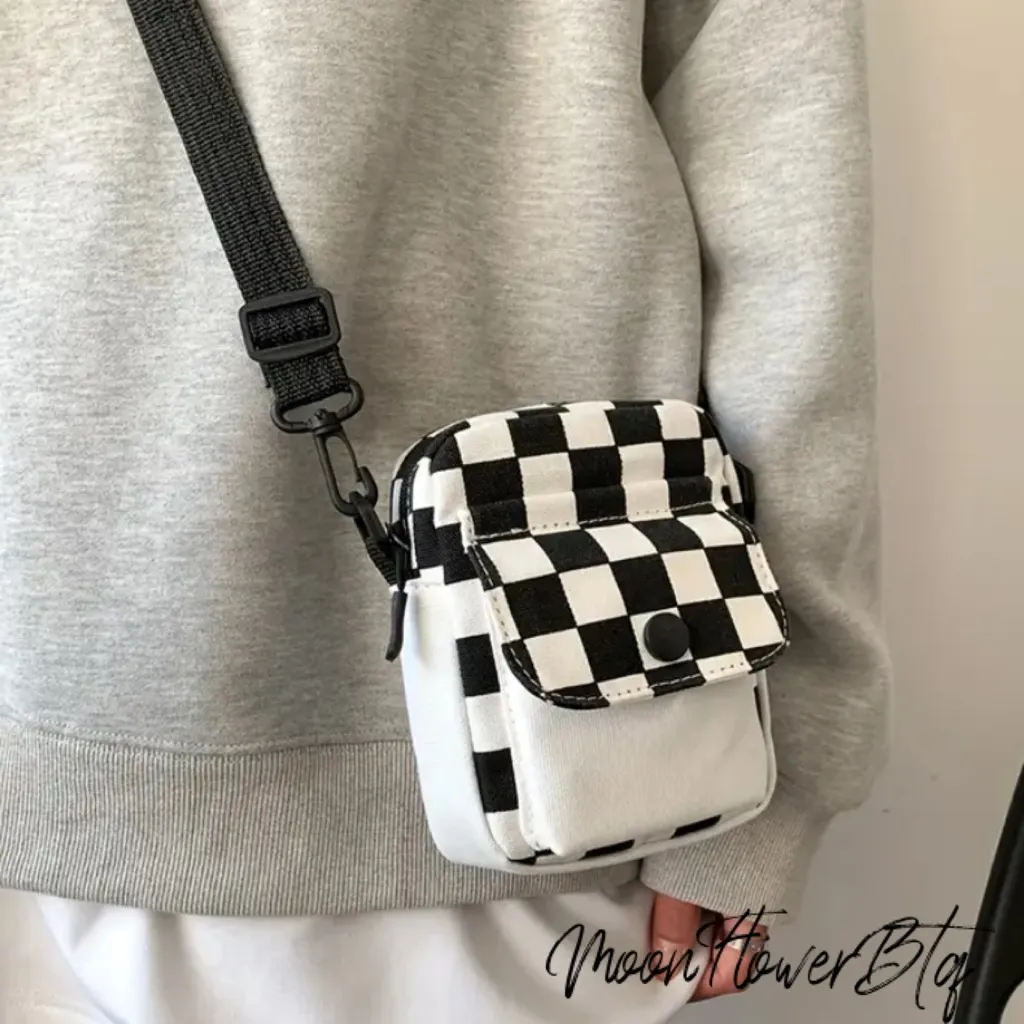 Mini Checkered Canvas Crossbody Bag Black - Image 7