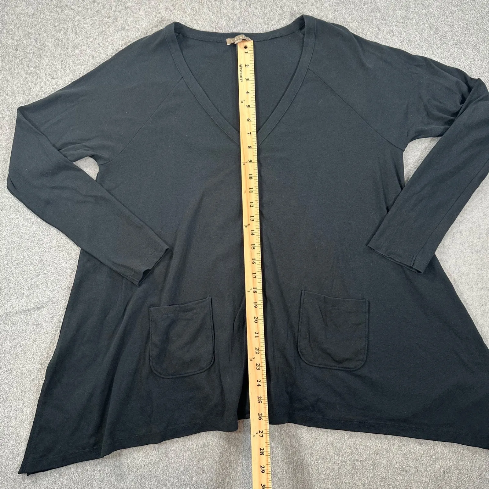 Lilla P Button Front Cardigan Tunic Top Women XL Black Cotton Long Sleeve Pocket - Image 5