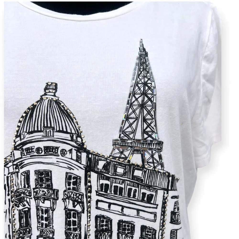 Karl Lagerfeld | L | Designer Embellished Studs T-shirt Top Eiffel Tower France - Image 4