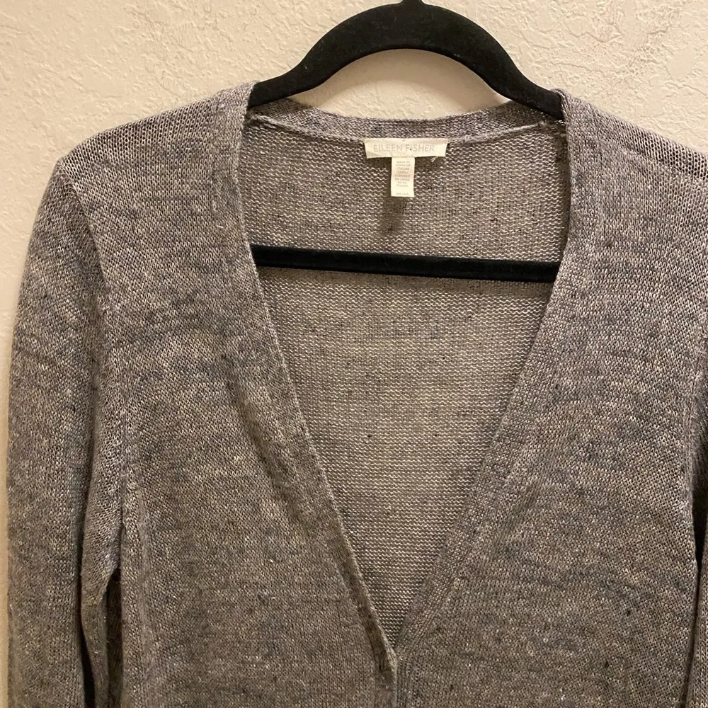 Eileen Fisher Gray Organic Linen Long Duster Button Front Cardigan - Image 6
