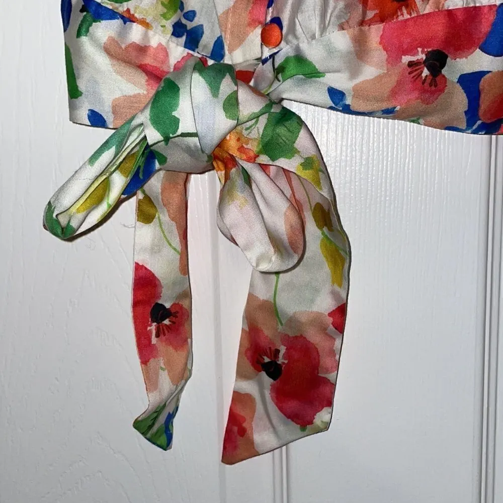 Zara Basic Collection Watercolor Floral Hip Tie Shirt - Image 3