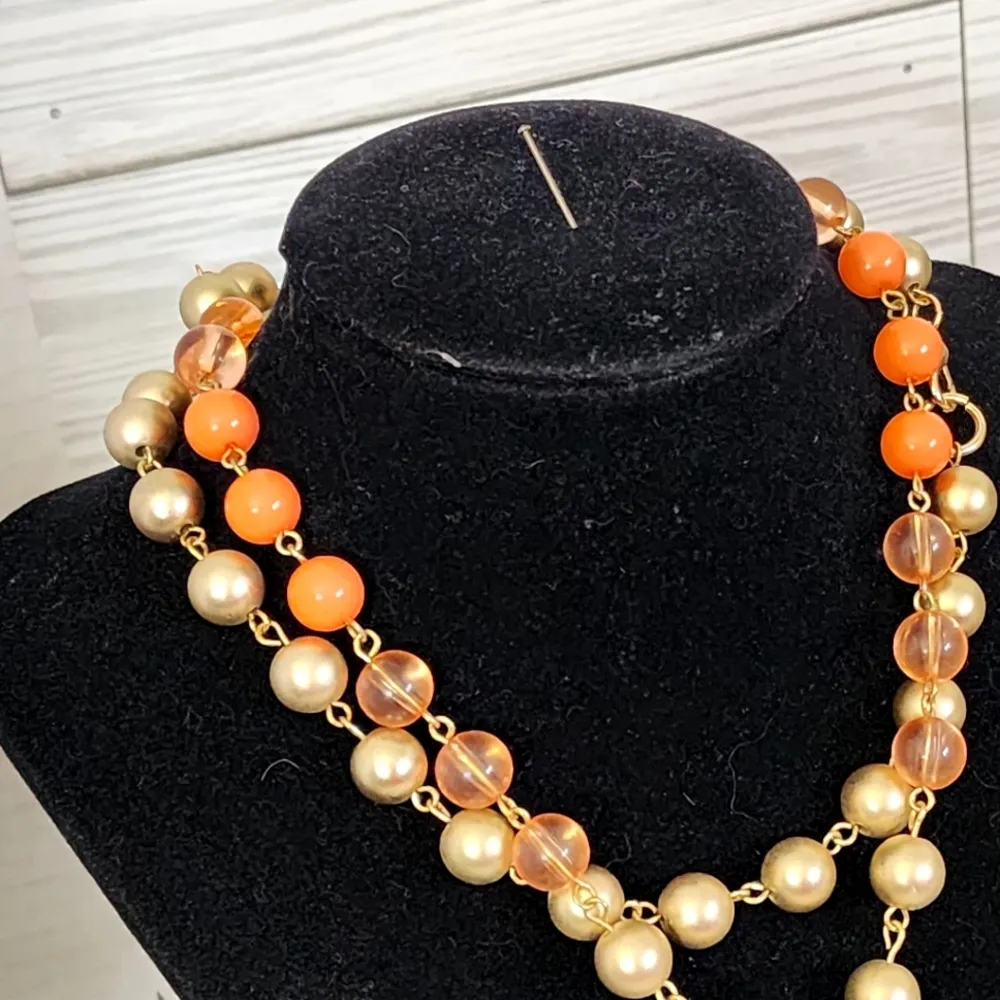 Long Orange and Gold Bead Necklace with Geometric Pendant - Image 3