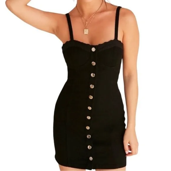 Forever 21 Black Lace Trim Button Front Denim Mini Dress - Image 2