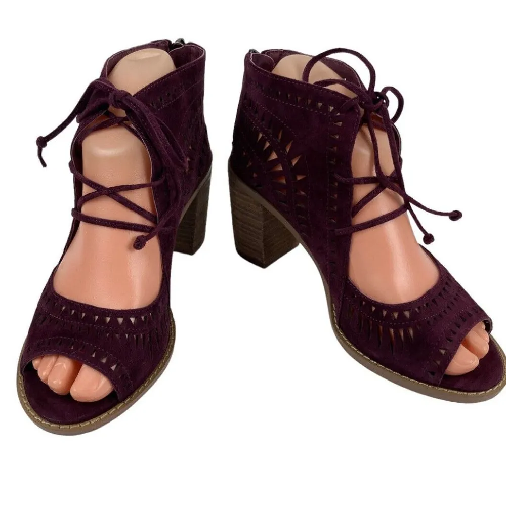 Vince Camuto Tarita Cut Out Lace Up Burgundy Suede Open Toe Heeled Bootie Size 6 - Image 3