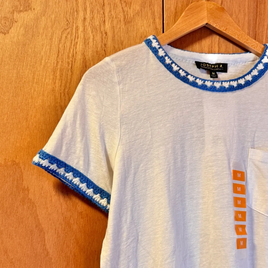 Joseph A Womens Short Sleeve Pocket Tee Retro Crochet Collar Cuff Linen White M - Image 3