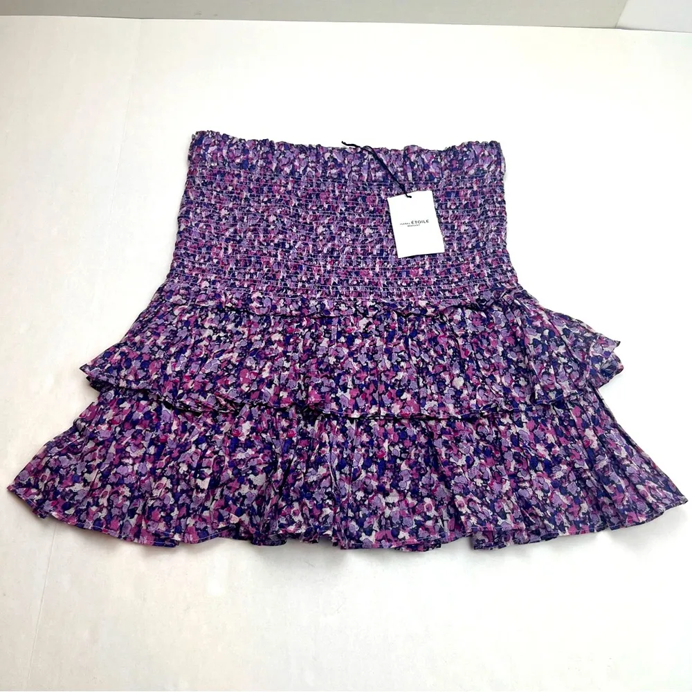 ISABEL MARANT ETOILE Purple Ditsy Floral Smocked Ruffle Tier Mini Skirt SZ 8 NEW - Image 2