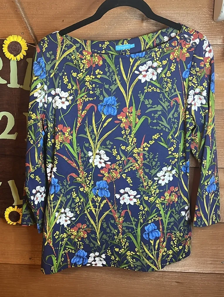 J McLaughlin Wavesong Midnight Floral 3/4 Sleeve High Neck Stretch Blue Button S - Image 1