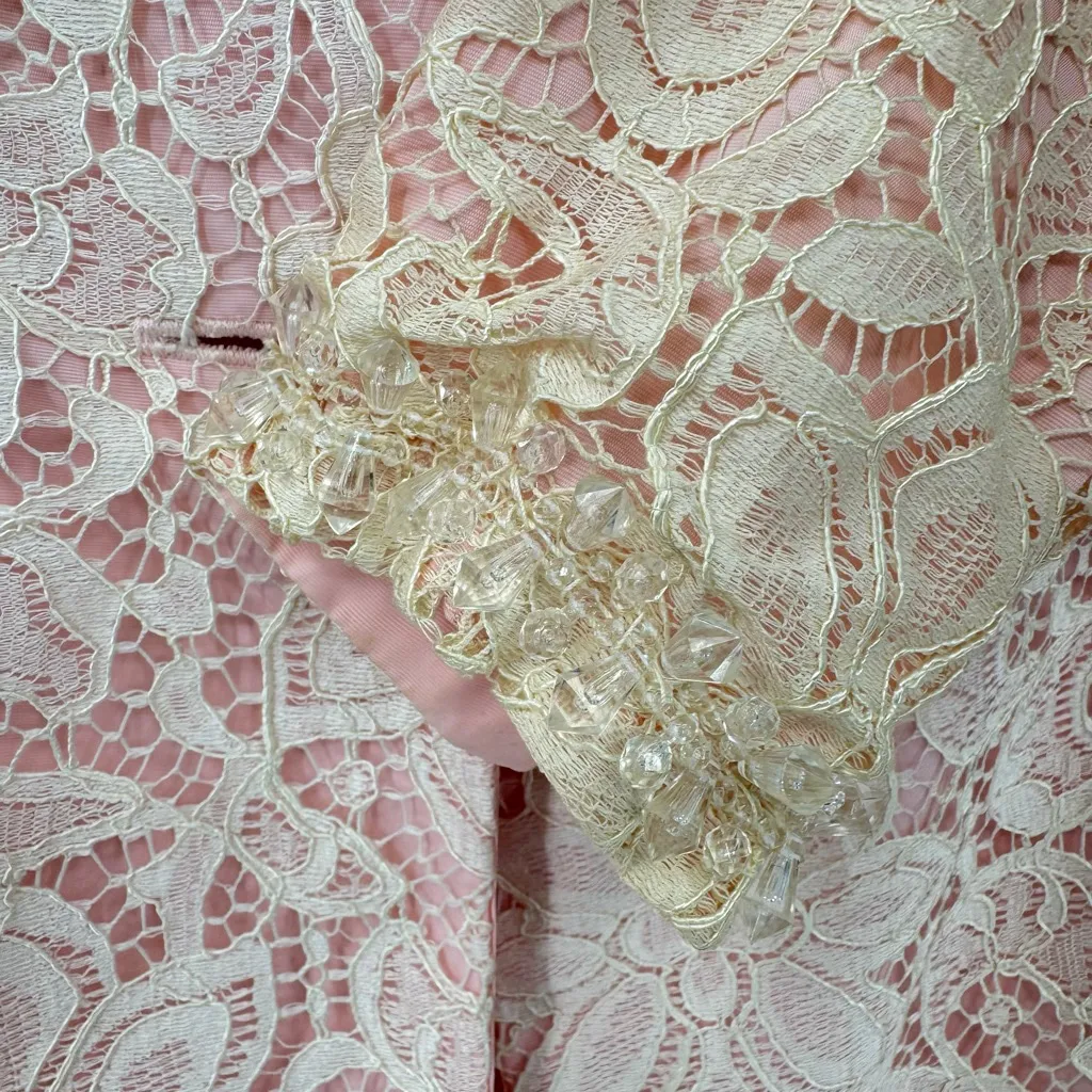 Vintage 80s Pink with Ivory Lace 2 Piece Set Dress & Long Jacket Beaded READ - Image 10