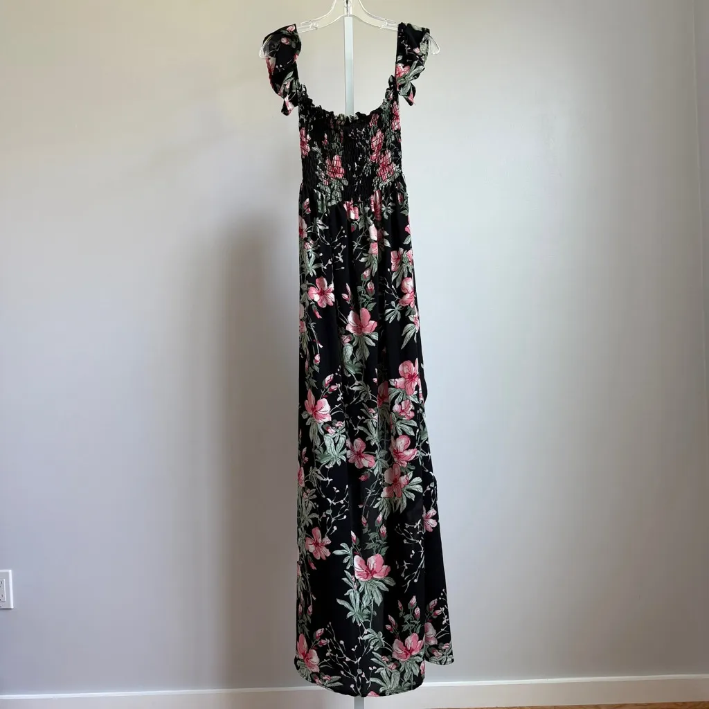 Privy sz S black pink‎ floral cottage smocked off shoulder maxi dress - Image 10