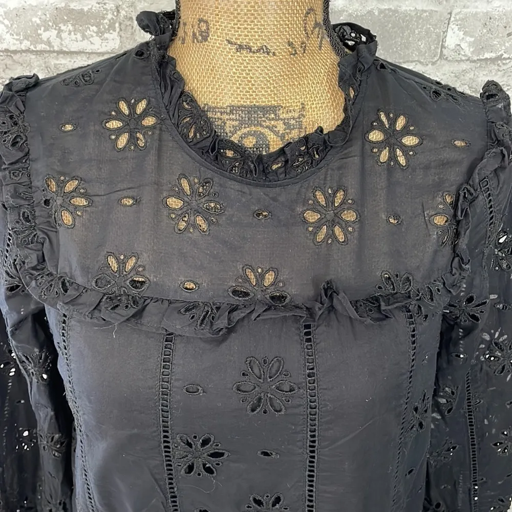 J.Crew Black Ruffle Neck Peasant Long Sleeve Eyelet Top - Image 3