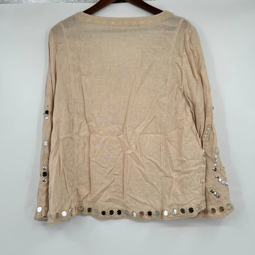Soft Surroundings Top tan #2AY88 Shirt Embellished Mirrors Popover V Neck large - Image 2