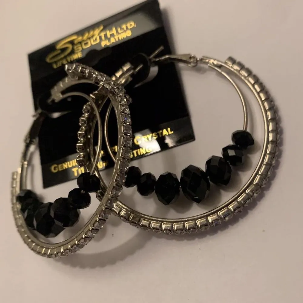 Silver Tone Hoop Earrings Pierced NWT Genuine Austrian Crystal Titanium Plating - Image 5