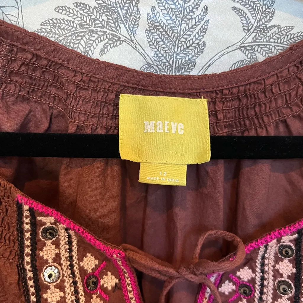 Anthropologie Maeve Chocolate Brown embroidered Cotton tunic dress sz 12 - Image 6