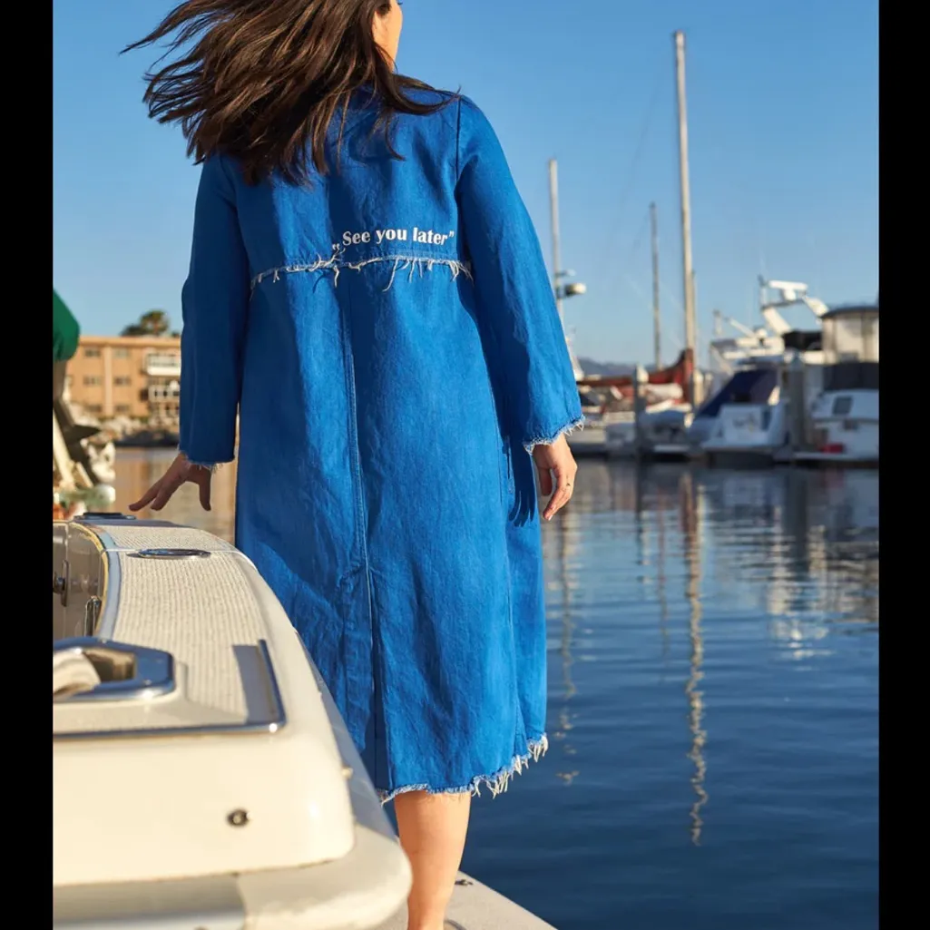 ZARA Blue Jean Jacket longline collarless denim duster small - Image 4