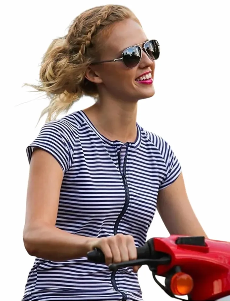 NEW SwimZip Navy Blue & White Stripe Short Sleeve Rash Guard Swim Shirt Medium - Image 2