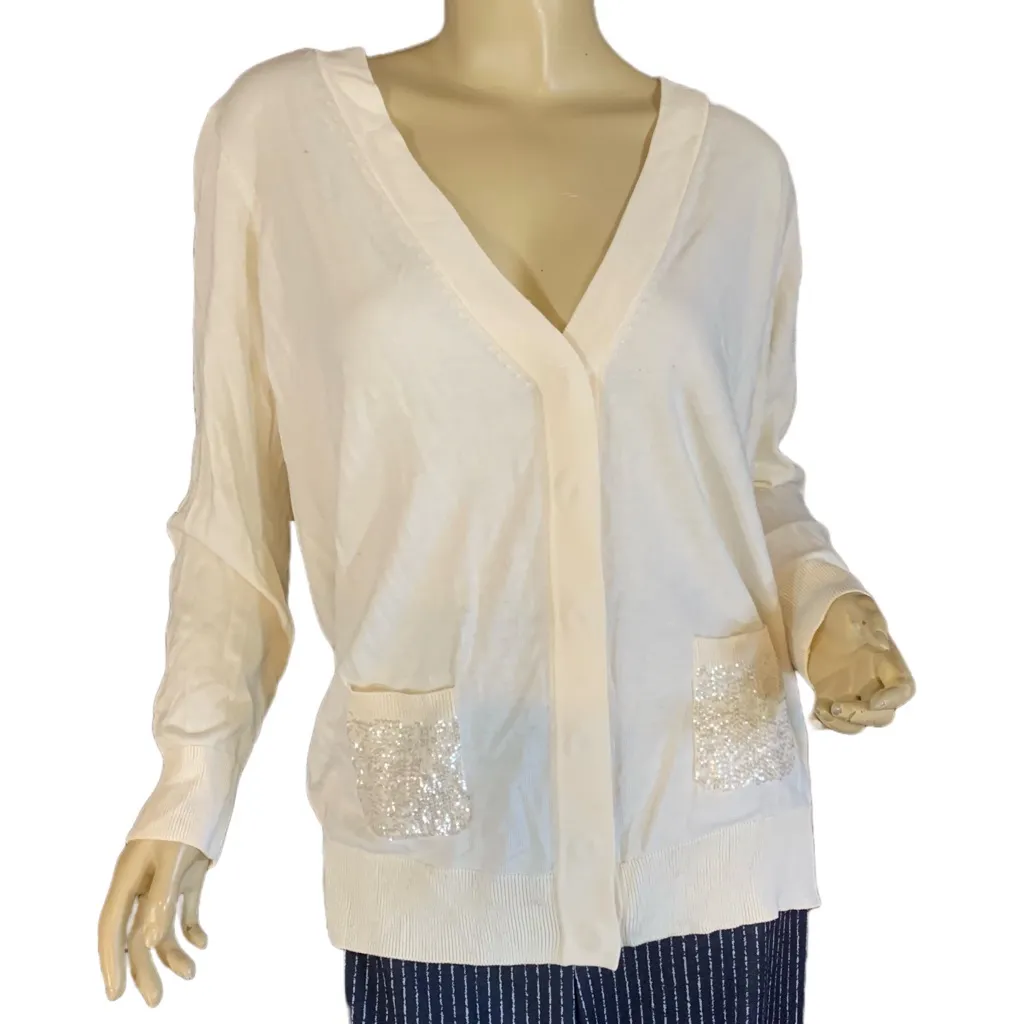 TALBOT'S WOMAN PETITES CREAM COTTON BLEND CARDIGAN W/SEQUINS NWT (2XP) - Image 3