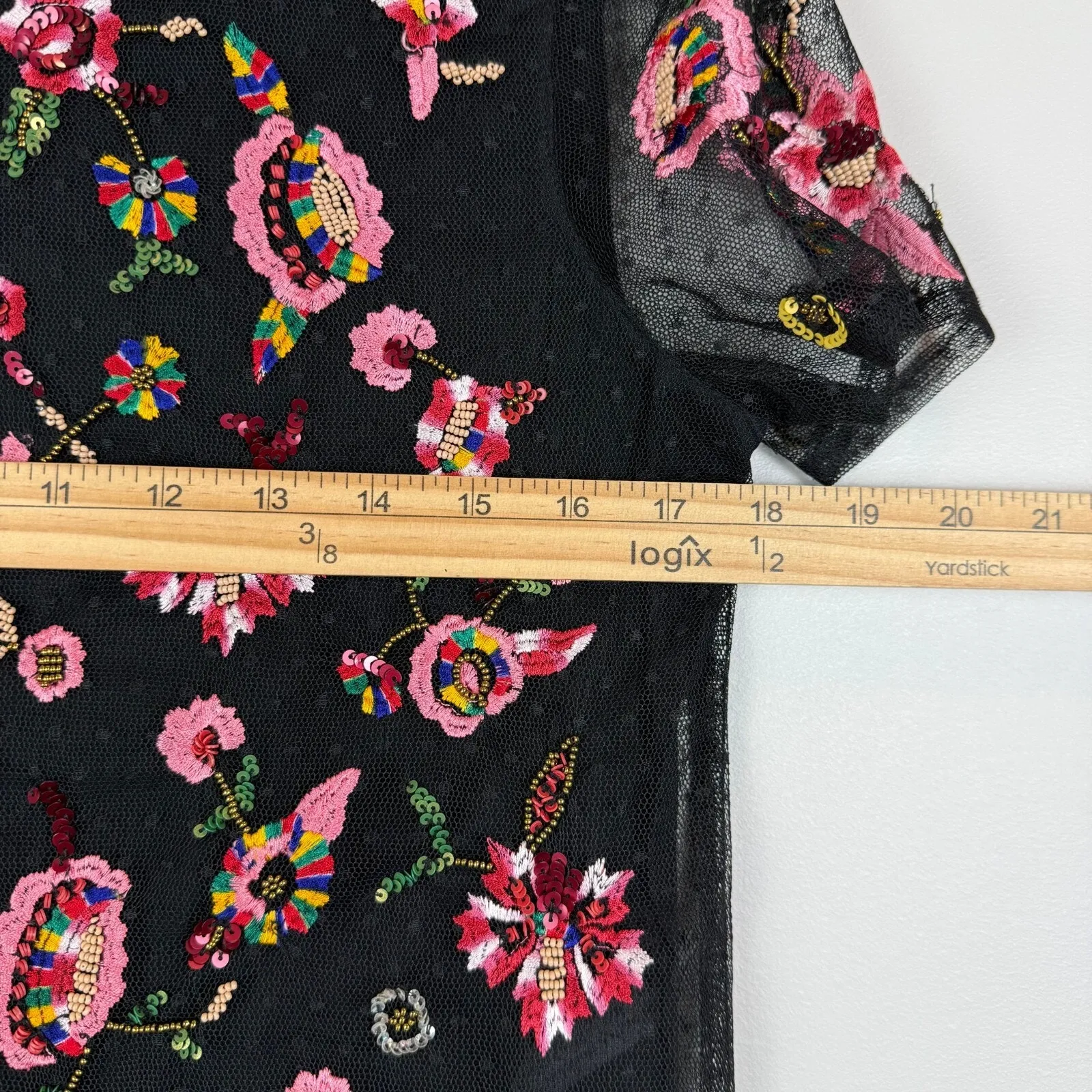 Zara‎ Top Women's Medium Black Floral Embroidery Mesh Blouse Boho Festival Bloom - Image 7