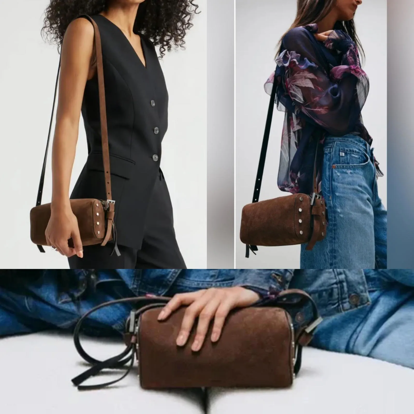 AllSaints Miro Leather Barrel Crossbody Shoulder Bag NWT Chestnut Brown Suede - Image 2