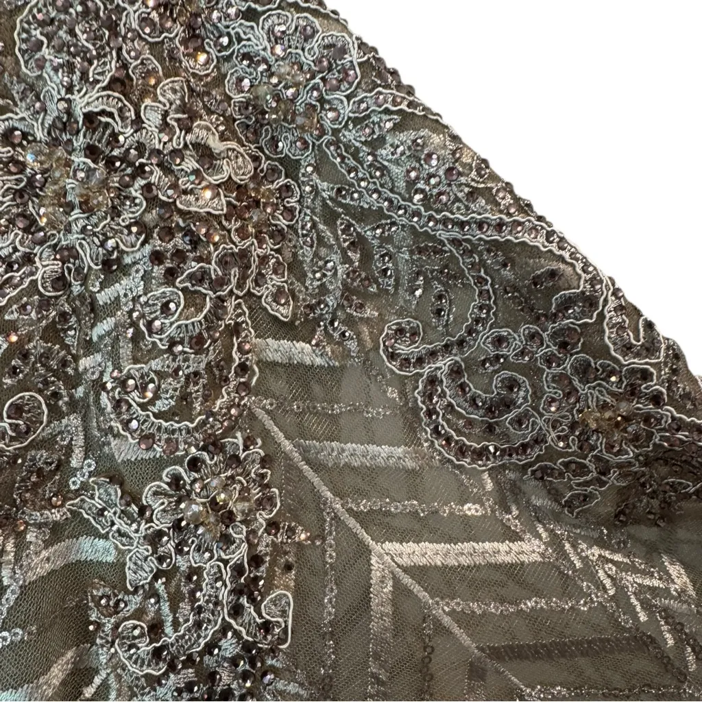 Mac Duggal Embellished Illusion‎ 18 Long Sleeve Taupe A-line Gown Sparkly Taupe - Image 6