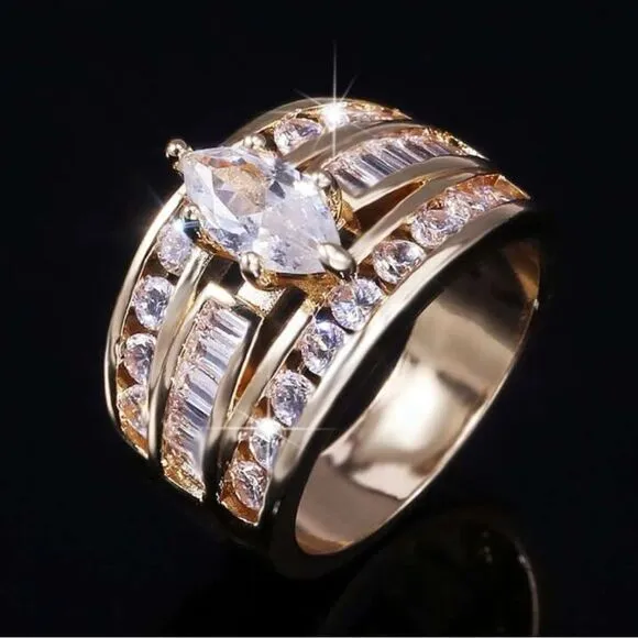 Gorgeous gold band marquise faux diamond Wedding ring set ! so realistic! Size 6 - Image 2