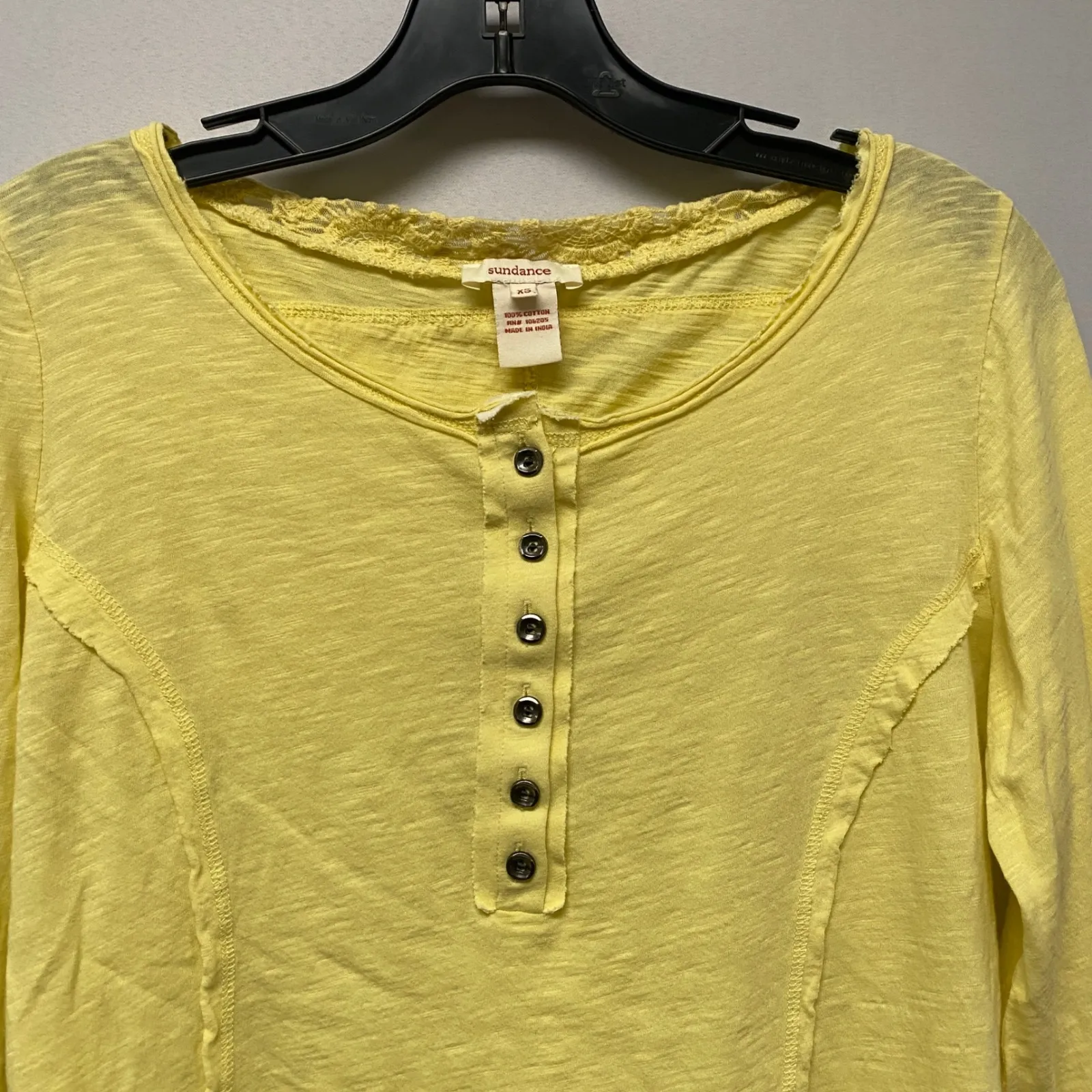 Sundance Yellow Cotton Lace Trim Henley Long Sleeve Top Women's XS Thermal - Image 6