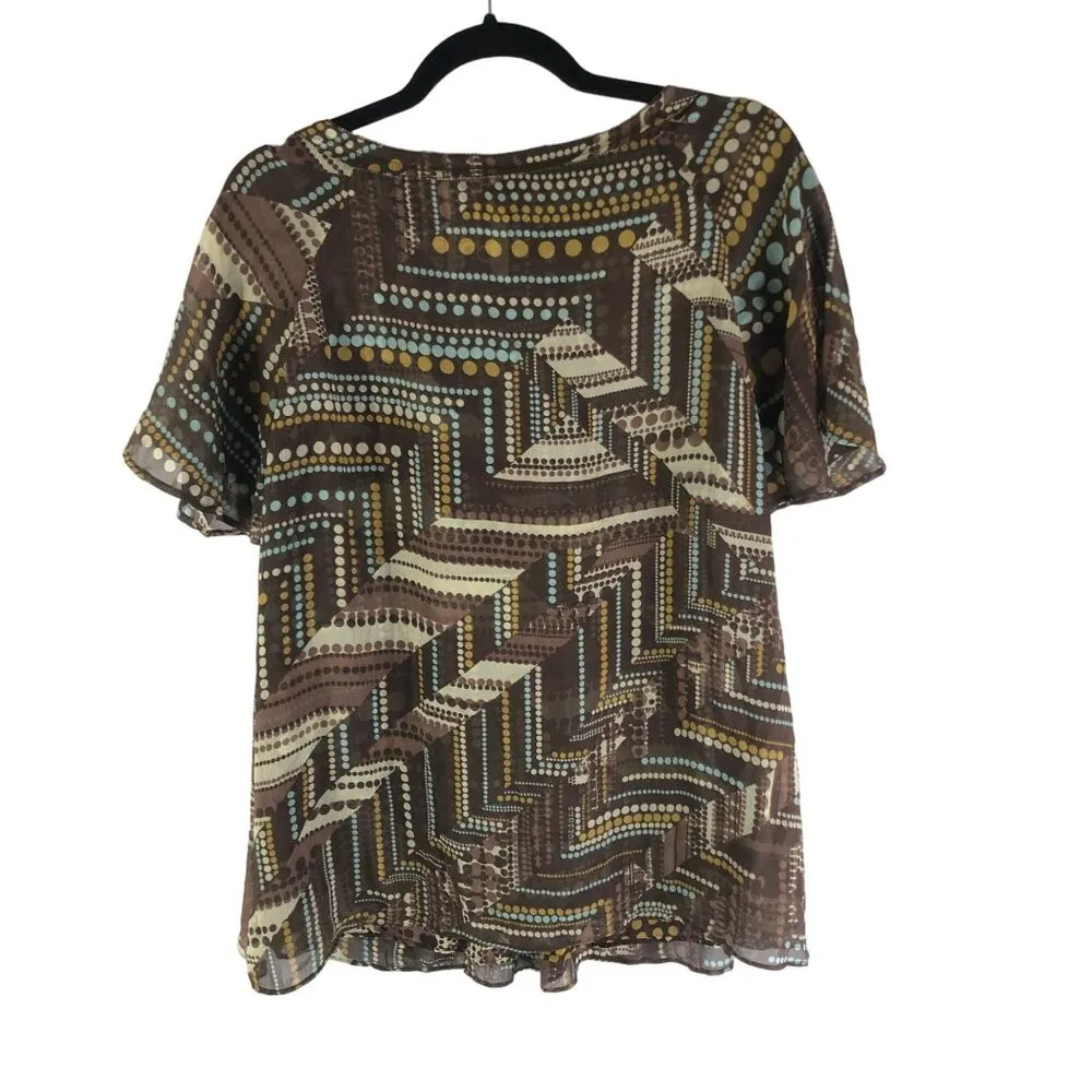 J. Jill Womens Geometric Print Silk Pleated Blouse Brown & Blue XL - Image 2