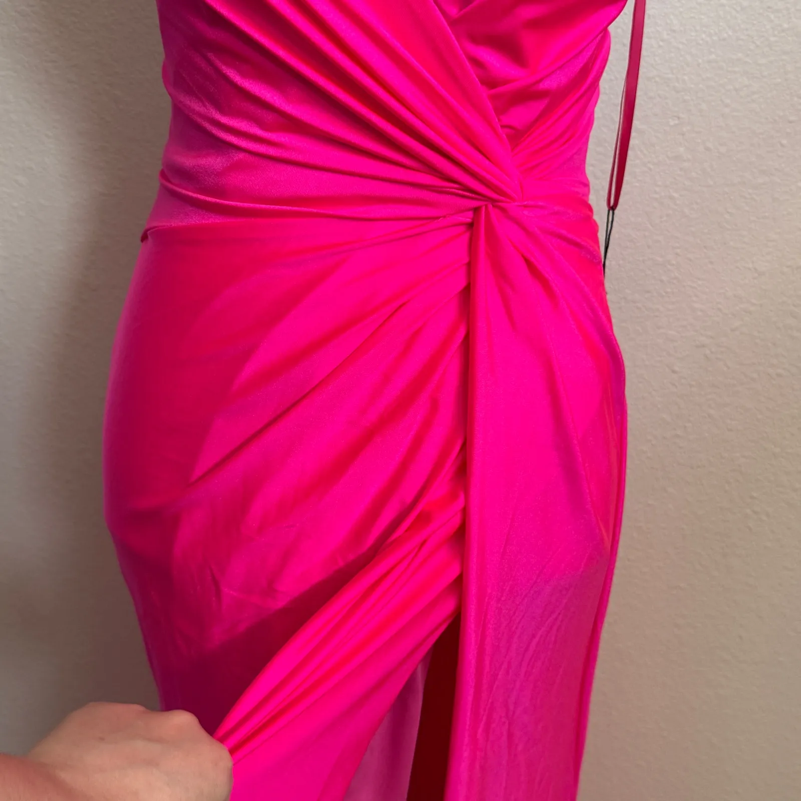 NWT La Femme Sz 4 Lace Up Leg Slit Dress Shiny Hot Pink Gown Prom Formal - Image 11