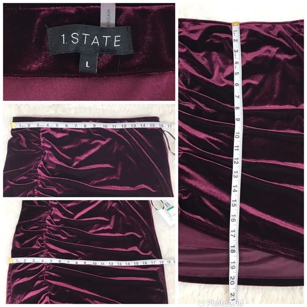 1. STATE Burgundy‎ Velvet Mini Skirt Pencil Ruched Red Purple Size XS Large New - Image 11