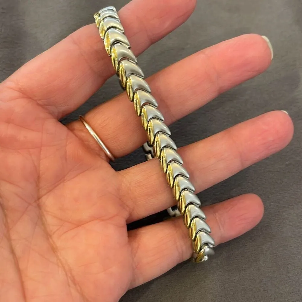 Set Of 2 Womens Cuban Link Chain Magnetic Two Tone Bracelet Silver Gold‎ Gold - Image 2