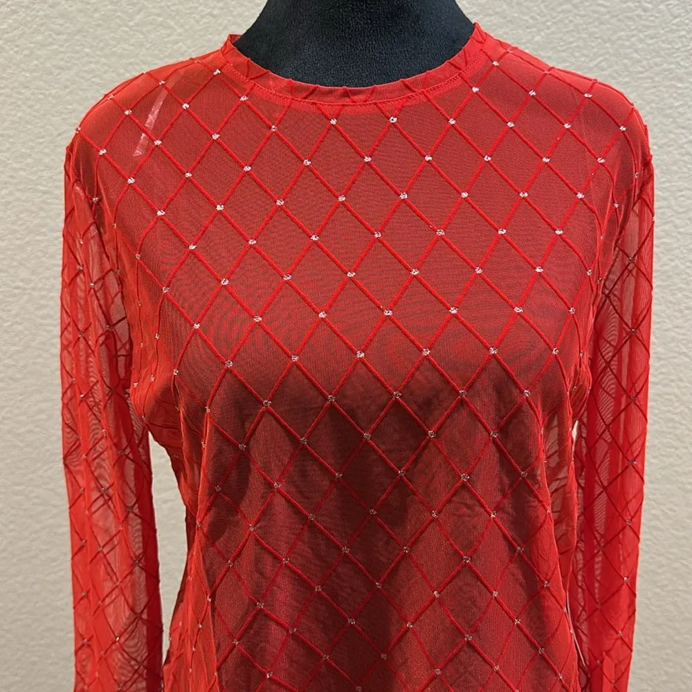 NWT Red Mesh long sleeve top with rhinestone details Size L - Image 2