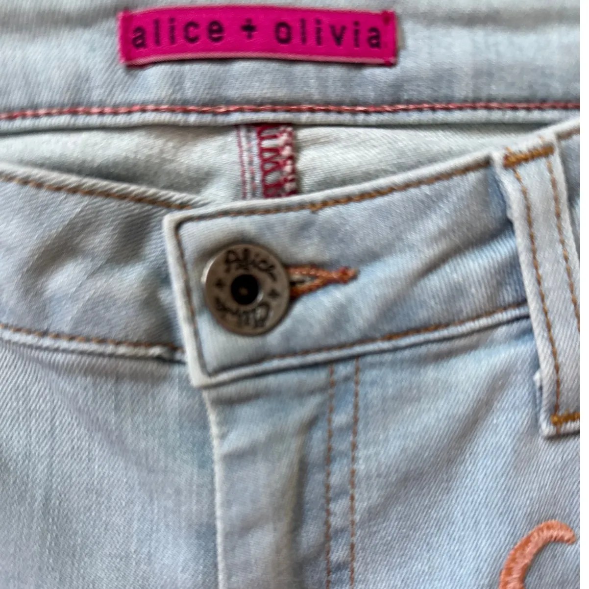 Alice + Olivia Floral Embroidered Skinny Jeans Orange Sorbet Size 30 - Image 7