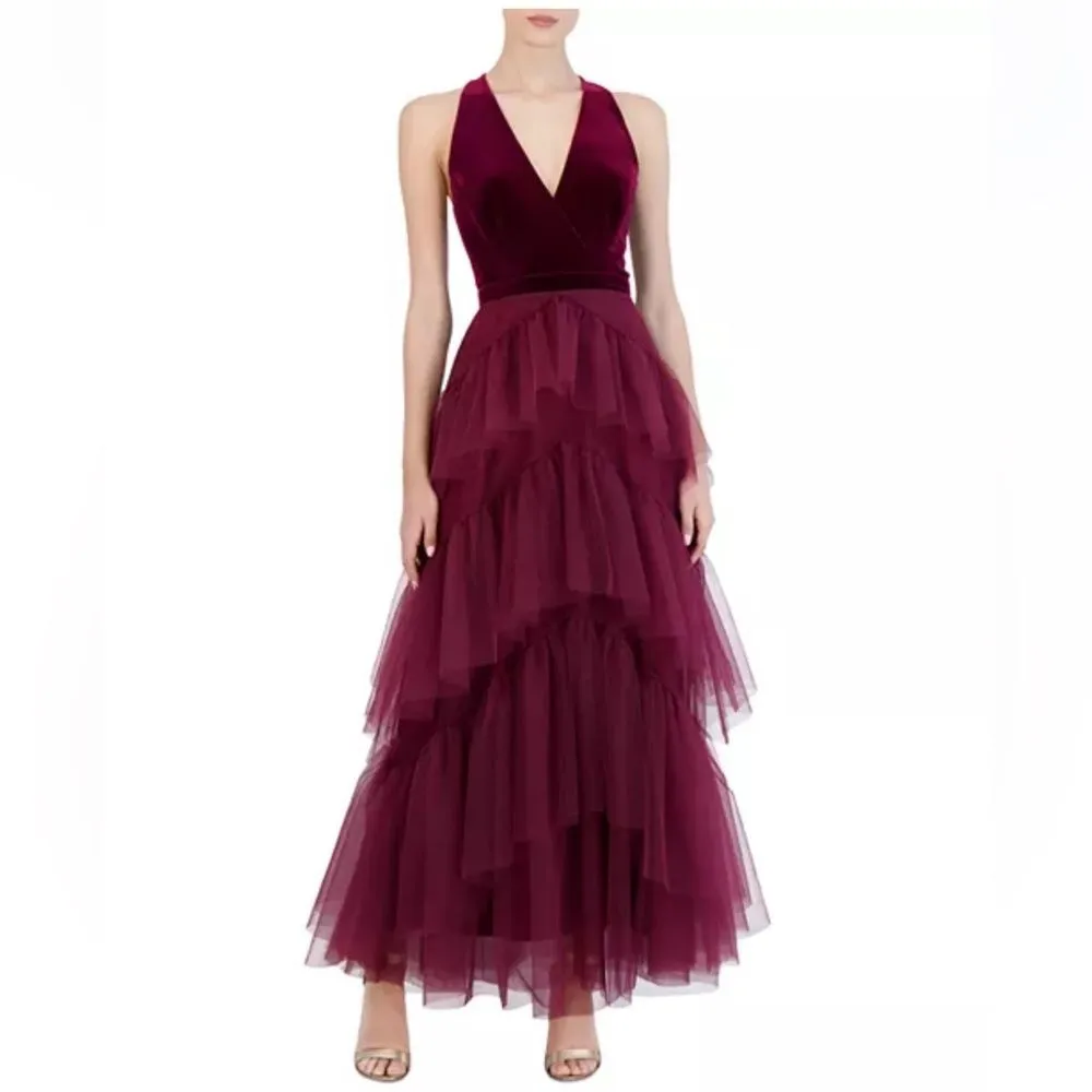 BCBGMAXAZRIA Keyhole Back Velvet & Tiered Tulle Dress, Cabernet Burgundy XL - Image 6