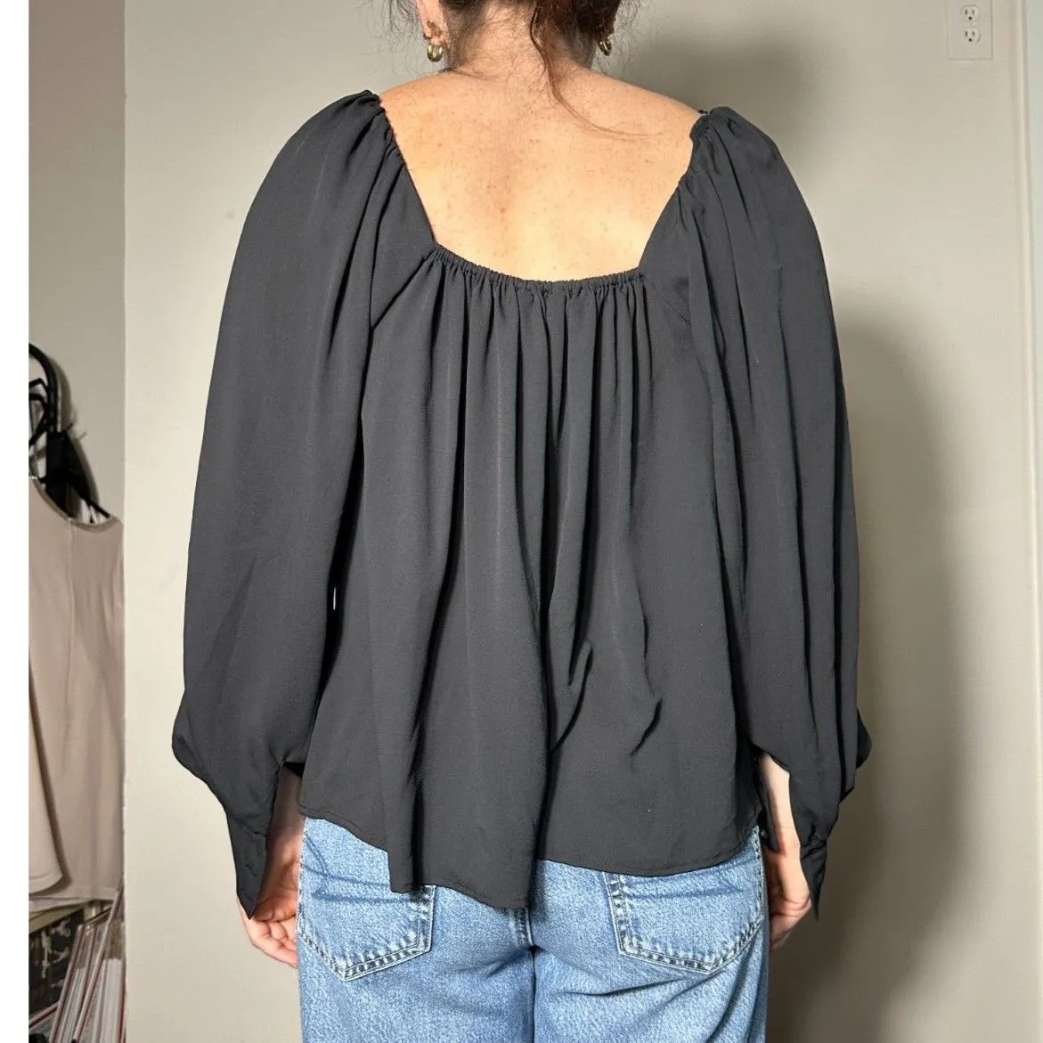 ZARA  Flowy Sweetheart Neck Longsleeve Black Top Size Medium - Image 3