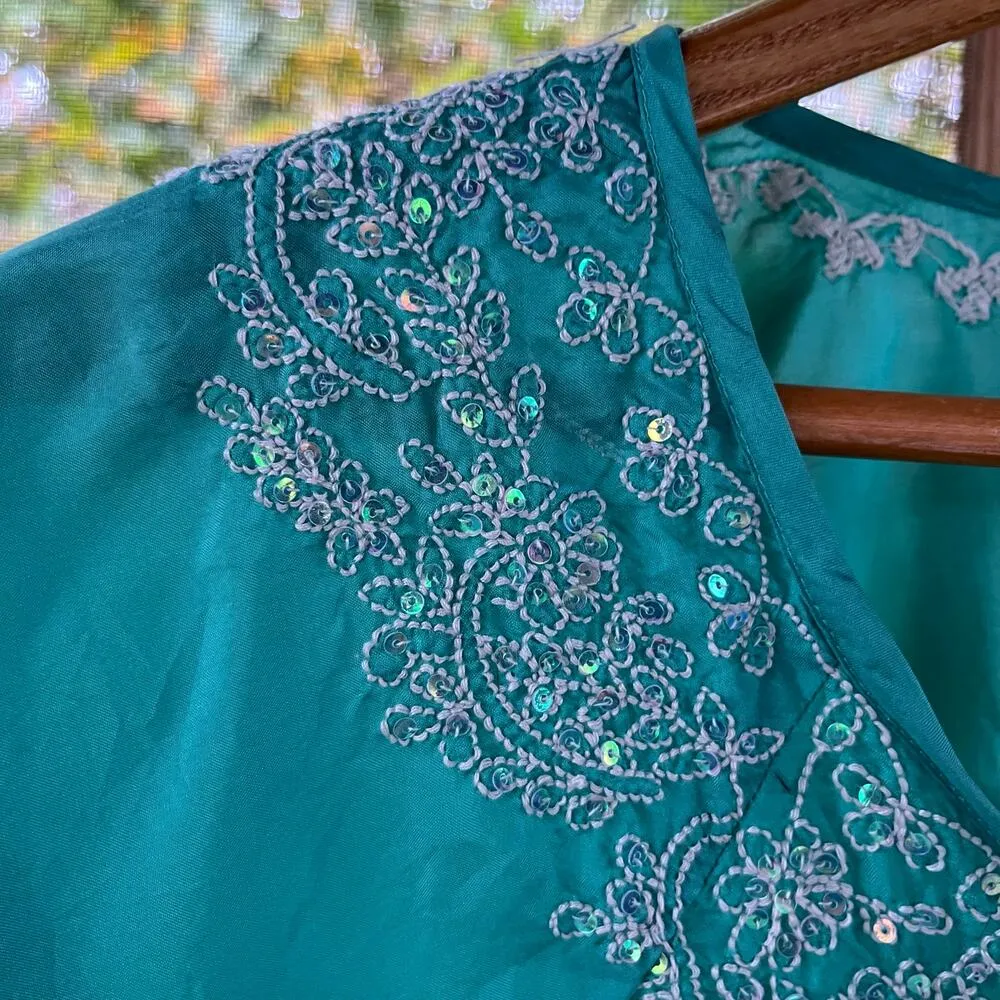 Calypso St Barth Women's Seafoam Green Beaded 100% Silk Blouse Size 0 - Image 4