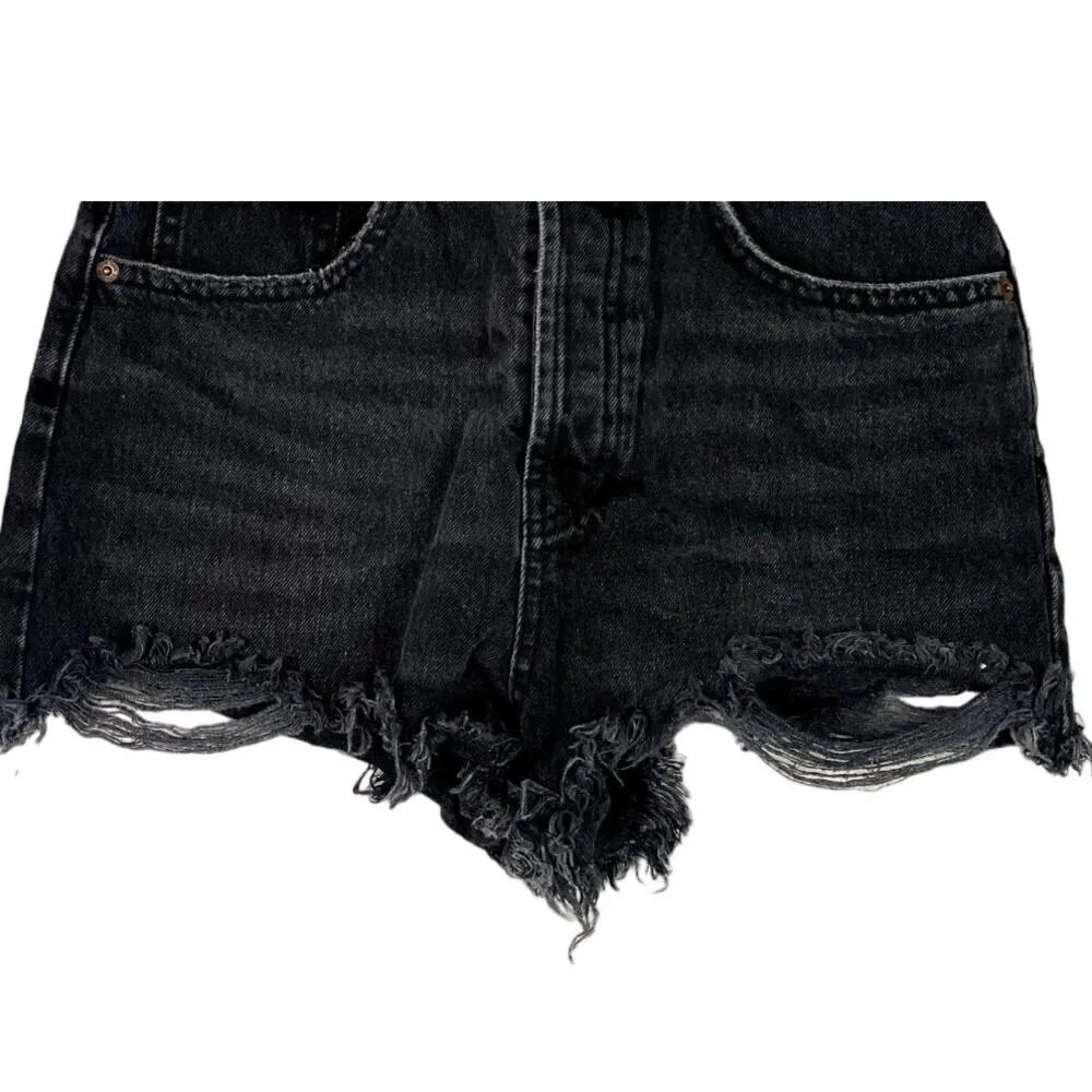 ZARA Cutoff Distressed Jean Shorts Raw Ripped Hem High Rise Pockets 4 Wash Black - Image 4