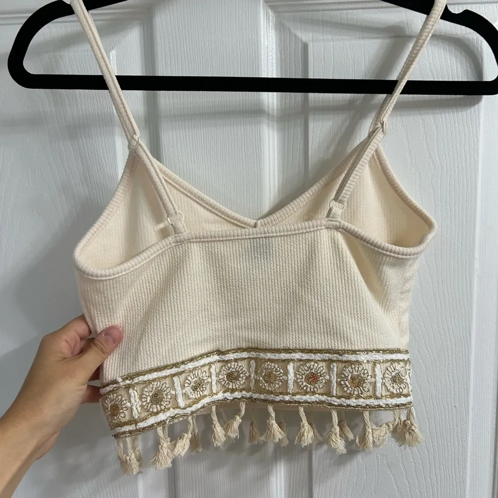 Embellished sequin beaded fringe boho cream crop top - Image 5