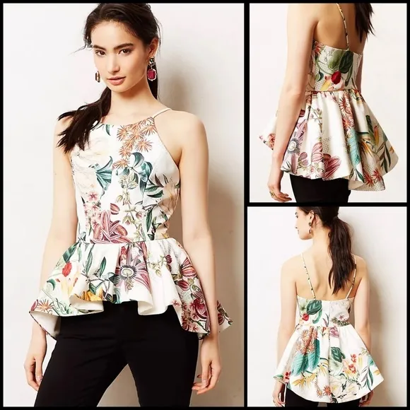 Dahlia Cameo Asymmetrical Peplum  Coquette Floral Top Size L - Image 2