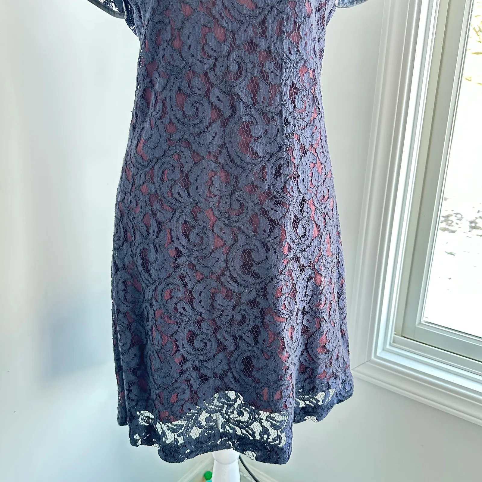 Club Monaco Navy Blue Lace Leather Trim Knee Length Layered Dress‎ Size 6 - Image 3