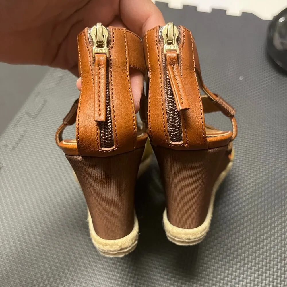 Fendi Espadrille Strappy Sandal Brown Tan Olive 38 Wedge Neutral Criss Cross - Image 6