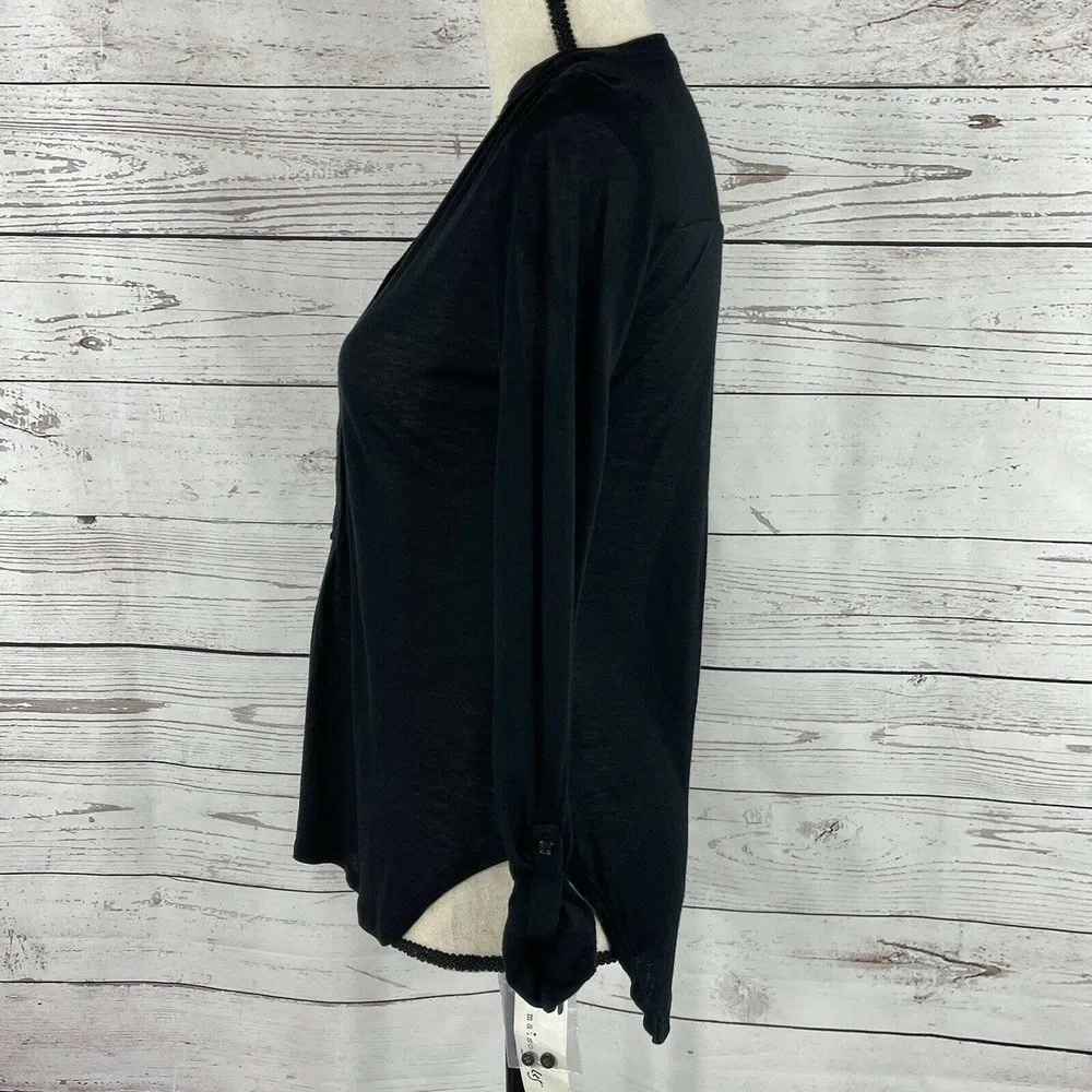 Maison Jules  X-Small XS Top Hi-Low Roll-Tab Sleeves Button Up Stretch Black New - Image 5