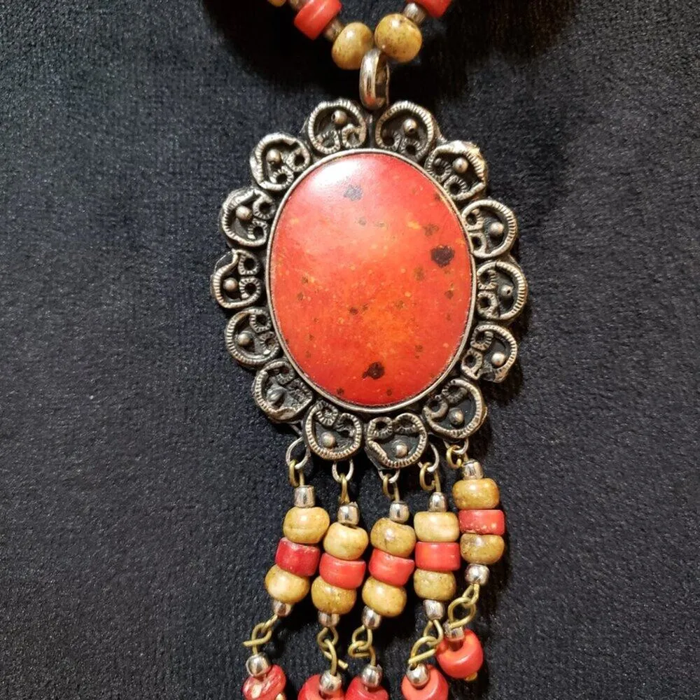 Womens Fashion Orange Beaded Kuchi Pendant Necklace with Hook & Eye Clasp - Image 3
