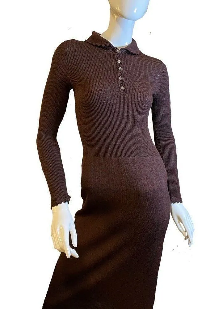 Vintage 60s Goldworm Knit Ribbed Crochet MIDI Chocolate Brown Sweater Dress XS - Image 13