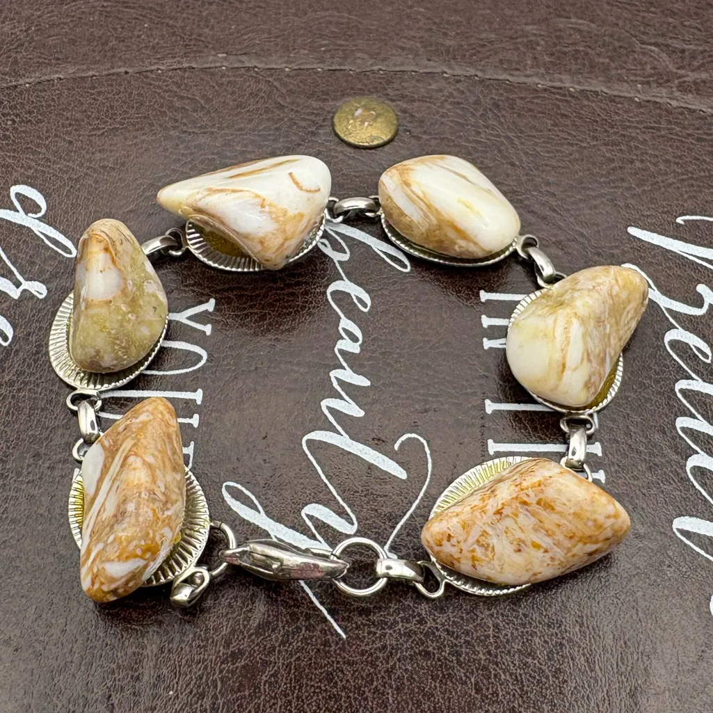 Vintage Handmade Stone Link Bracelet 7” Earthy Jasper Agate Boho Jewelry Tan - Image 3