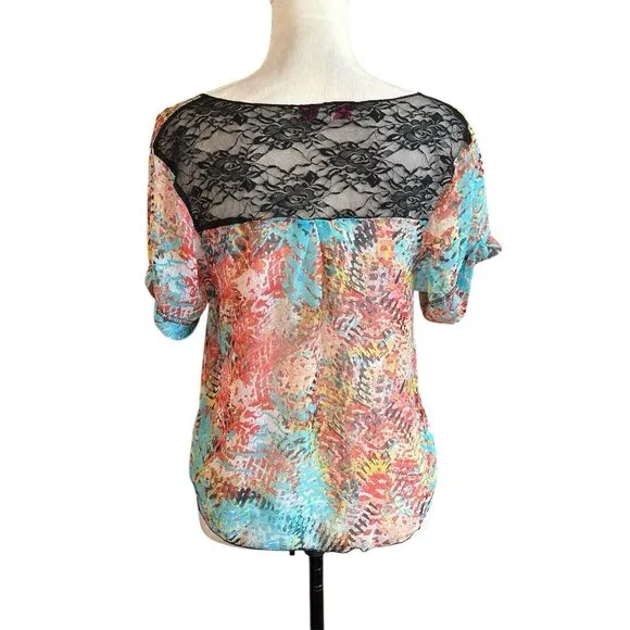 Women’s Lace Back Sheer Blouse Crop Sz L Blue Floral Flowy Prairie Fairy Top Size L - Image 2