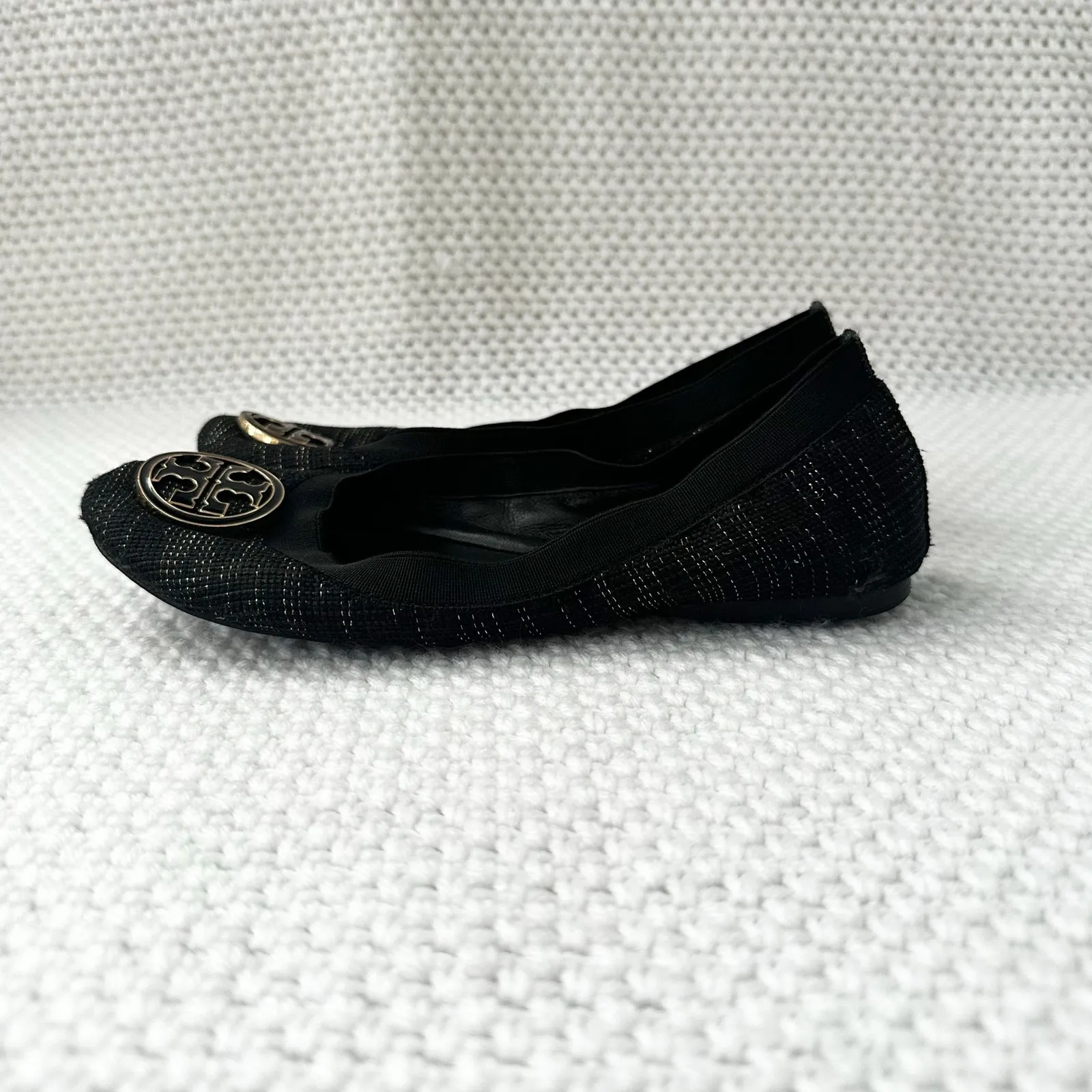 Tory Burch Black Gold Tweed Fabric Caroline Classic Reva Ballet Flats Shoes 6.5 - Image 6