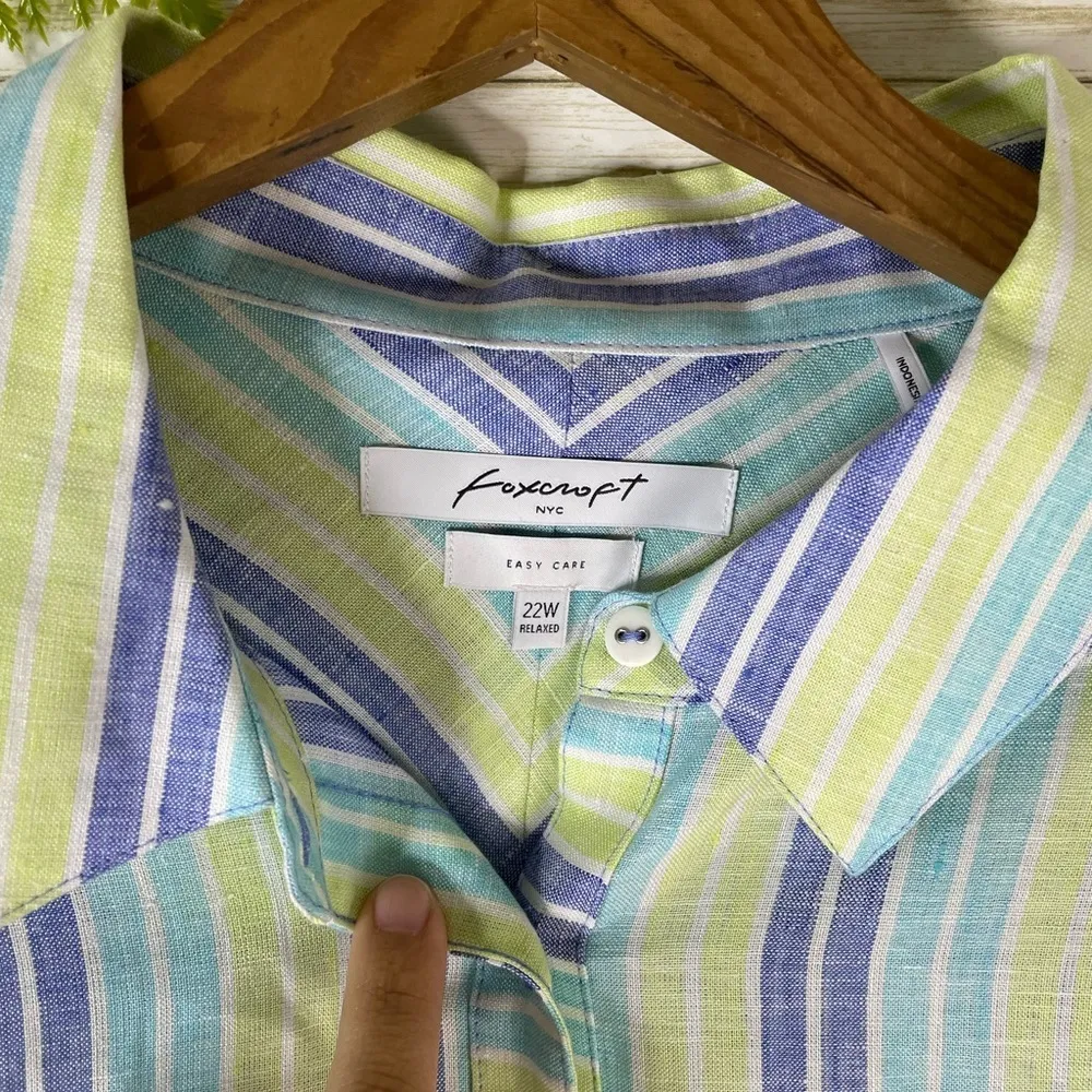 NWT Foxcroft NYC Blue Green Vertical Striped Linen Button Down Shirt - Image 3
