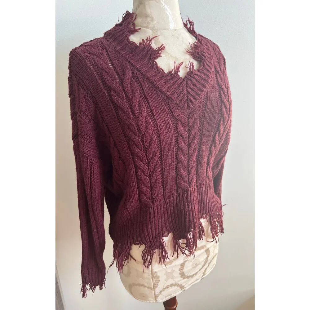 Rewind Cable Knit Fringe V-Neck Sweater Medium - Image 2